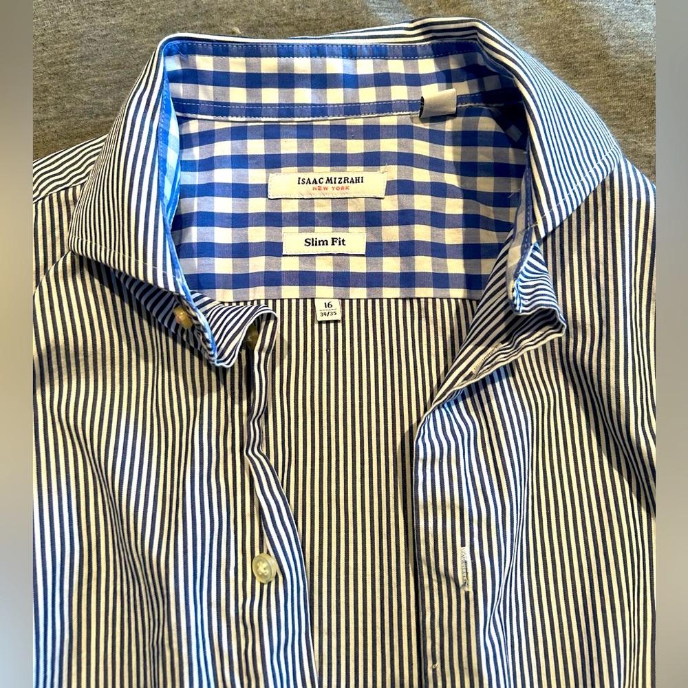 Isaac Mizrahi Men’s Slim Fit Button Down, Flip Cuff, Shirt Size 16 32/33 Blue